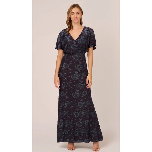 Adrianna Papell Womens 2 Navy Floral Burnout Velvet Long Blouson Dress‎ Gown New - Picture 1 of 15